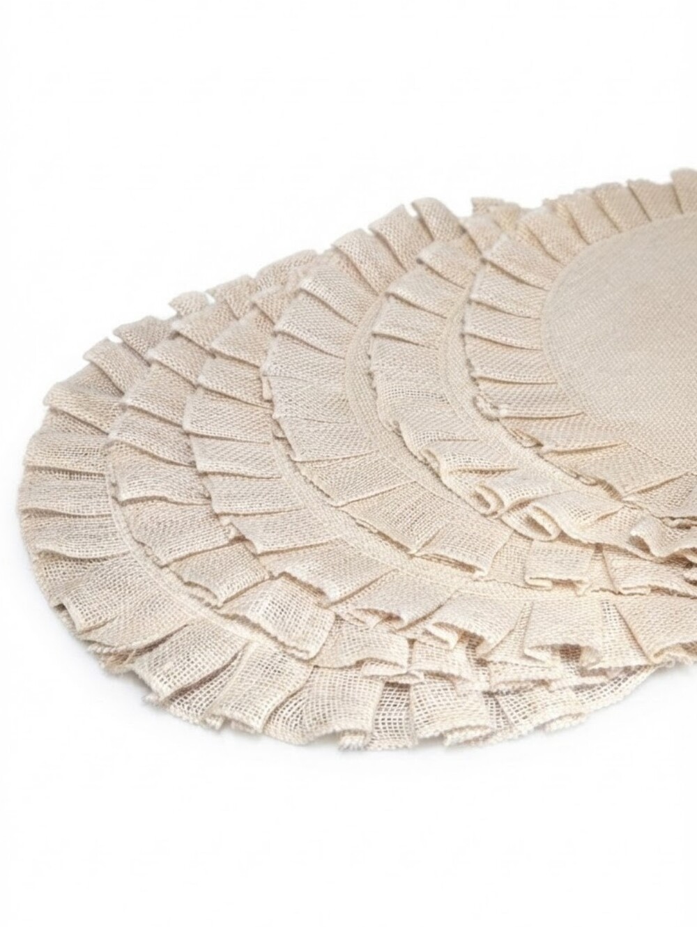 6pc Set Round Burlap Placemats 15" Natural Beige Ruffled Rustic Woven Table Mats
